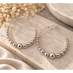 Boucles D'oreilles Créoles Contour Boules 4CM Argent Massif 925/1000