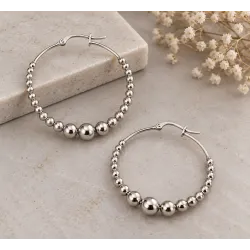 Boucles D'oreilles Créoles Contour Boules 4CM Argent Massif 925/1000