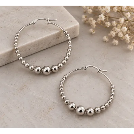 Boucles D'oreilles Créoles Contour Boules 4CM Argent Massif 925/1000