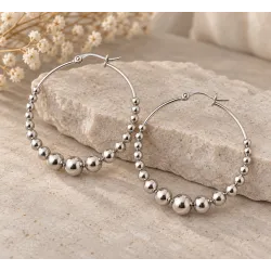 Boucles D'oreilles Créoles Contour Boules 4CM Argent Massif 925/1000