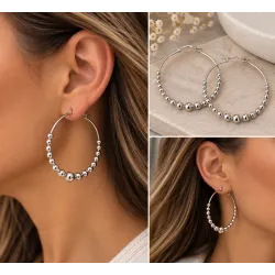 Boucles D'oreilles Créoles Contour Boules 4CM Argent Massif 925/1000