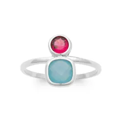 Bague Cristal Rose et Pierre Agate Bleu Véritable En Argent Rhodié T50 à 60
