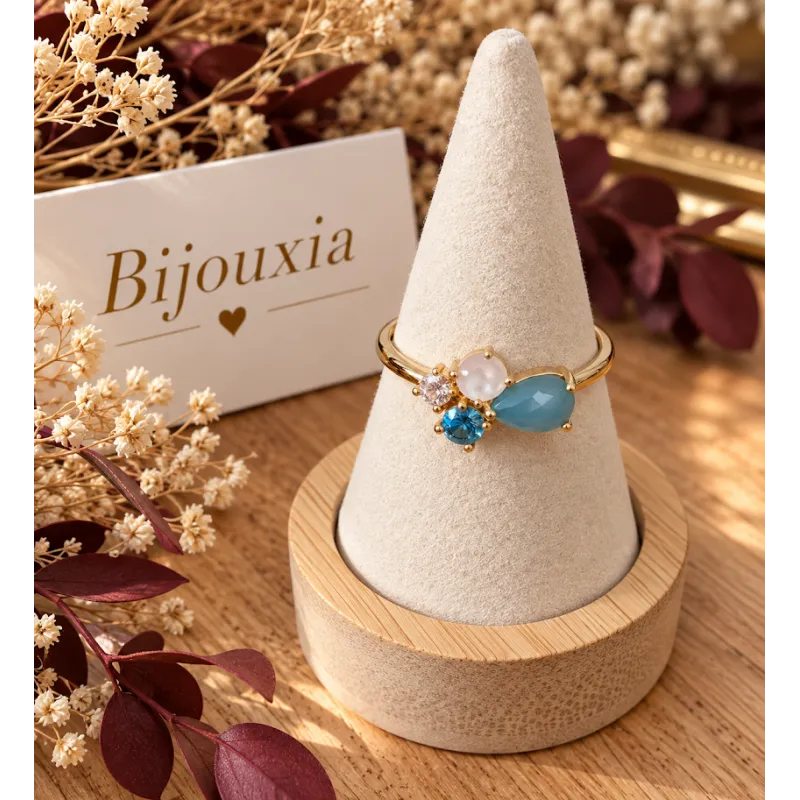 Bague Pierres Naturelles Agate Bleu et Nacre En Plaqué or 18 Carats 750/1000