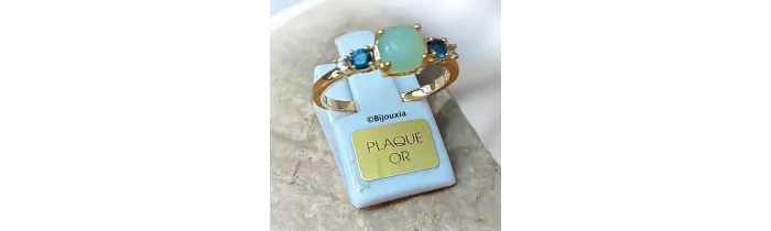 Bague Pierres Naturelles Agate Bleu et Zirconiums En Plaqué or 18 Carats 750/1000