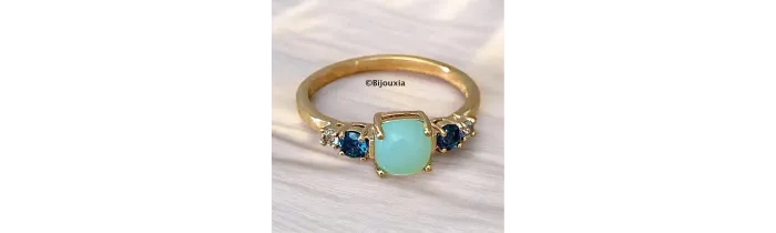 Bague Pierres Naturelles Agate Bleu et Zirconiums En Plaqué or 18 Carats 750/1000