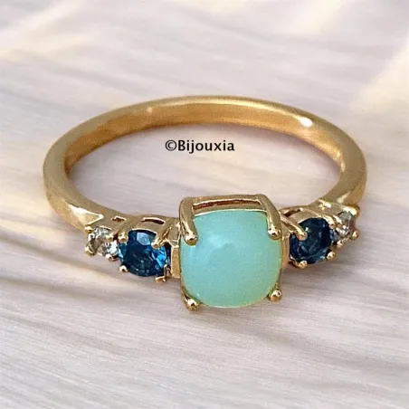 Bague Pierres Naturelles Agate Bleu et Zirconiums En Plaqué or 18 Carats 750/1000