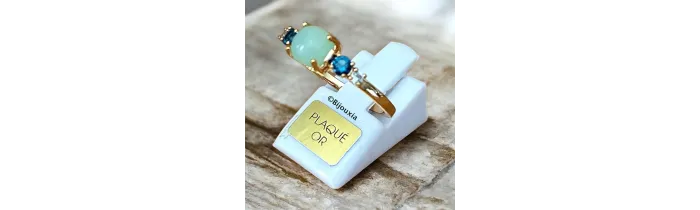 Bague Pierres Naturelles Agate Bleu et Zirconiums En Plaqué or 18 Carats 750/1000