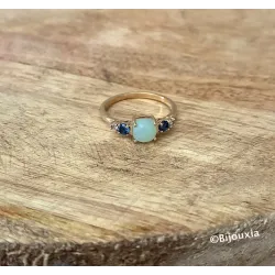 Bague Pierres Naturelles Agate Bleu et Zirconiums En Plaqué or 18 Carats 750/1000