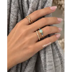 Bague Pierres Naturelles Agate Bleu et Zirconiums En Plaqué or 18 Carats 750/1000