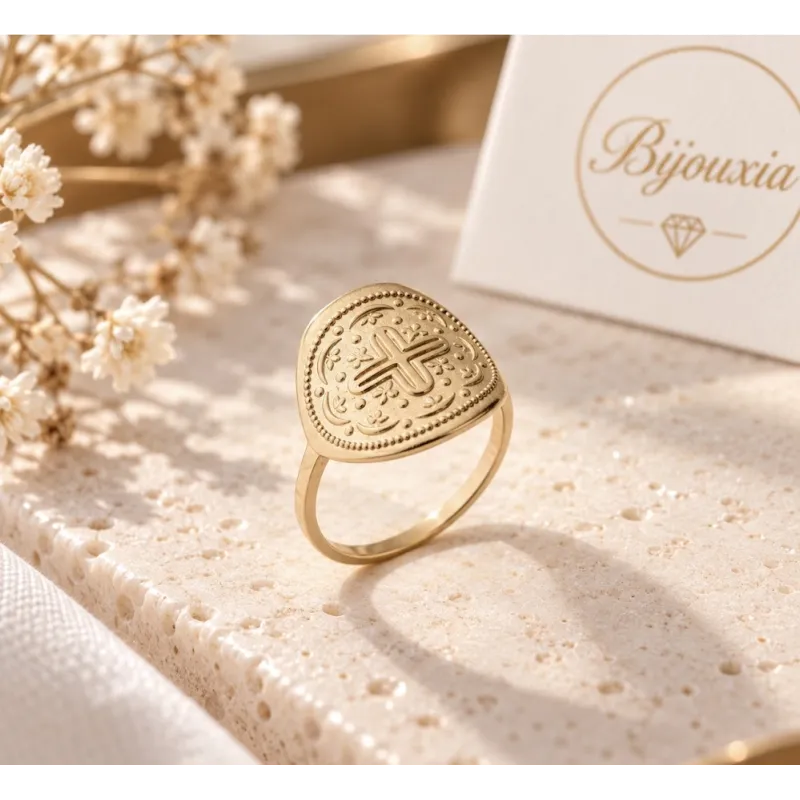 Bague Pièce Médaille Motif Croix En Plaqué or 18 Carats 750/000 T50à 60
