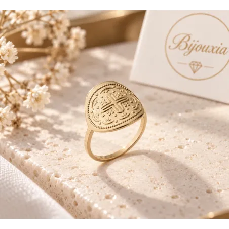 Bague Pièce Médaille Motif Croix En Plaqué or 18 Carats 750/000 T50à 60