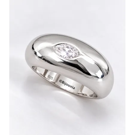 Bague Jonc Bombée Solitaire Zirconium En Plaqué Argent 925/000 12MICRONS Rhodié