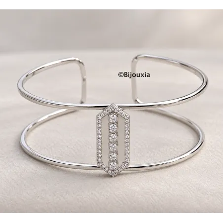 Bracelet Jonc Manchette Hexagone 6 Cristaux Argent Massif 925 Rhodié