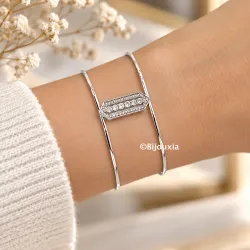 Bracelet Jonc Ouvert Large ZIRCONIUM Argent 925/1000 Rhodié Bijoux Femme