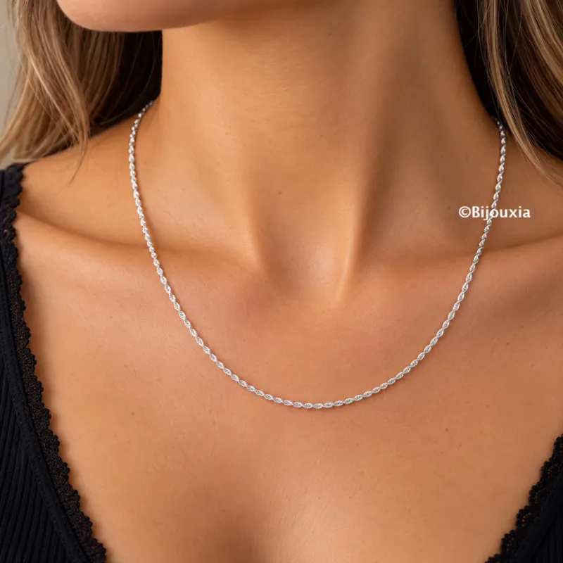 Chaîne Maille corde 45 cm x 1.75 mm En Argent Massif 925/1000 Rhodié Poinçonné