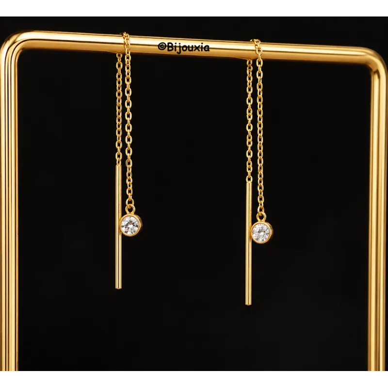 Boucles d'oreilles Chaîne Traversante Oxyde de Zirconium Plaqué or 18 Carats