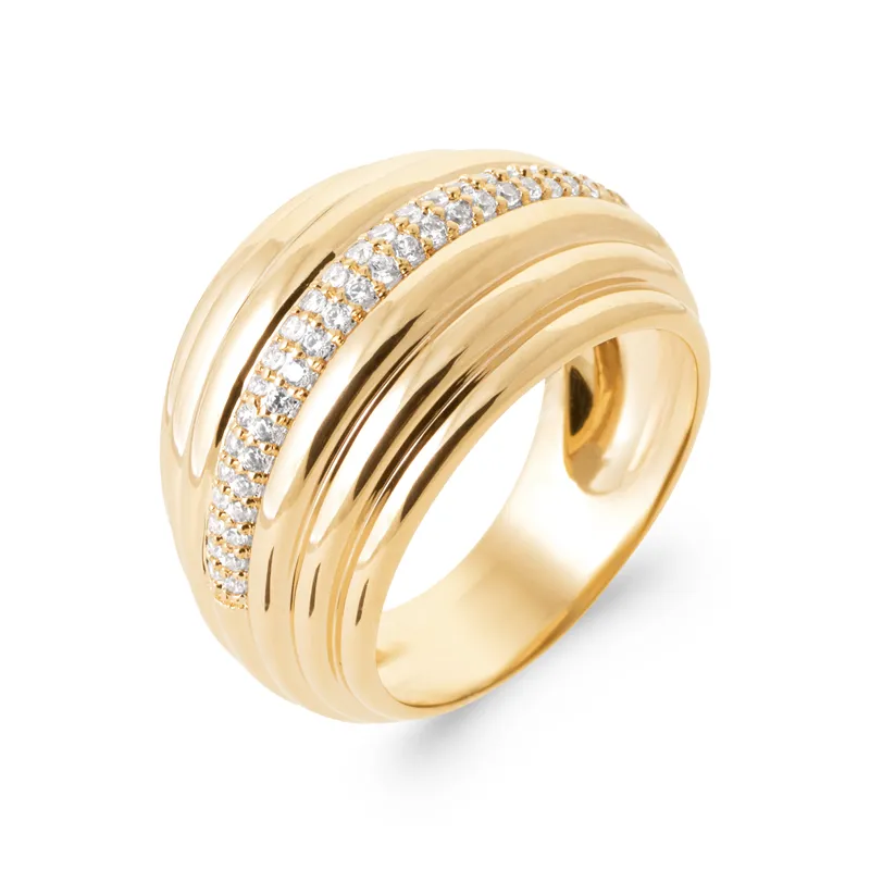 Bague Bombée Rangs Microserti Oxyde de Zirconium Plaqué Or 18 Carats T50 à T60