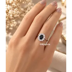 Bague Fleur Marquise Saphir Naturel Et Zirconium En Argent Massif 925 Rhodié T48 à 68