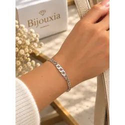 Bracelet Jonc Motif Chaîne Gourmette Alternée En Argent Massif 925/1000 Rhodié