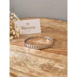 Bracelet Jonc Motif Chaîne Gourmette Alternée En Argent Massif 925/1000 Rhodié