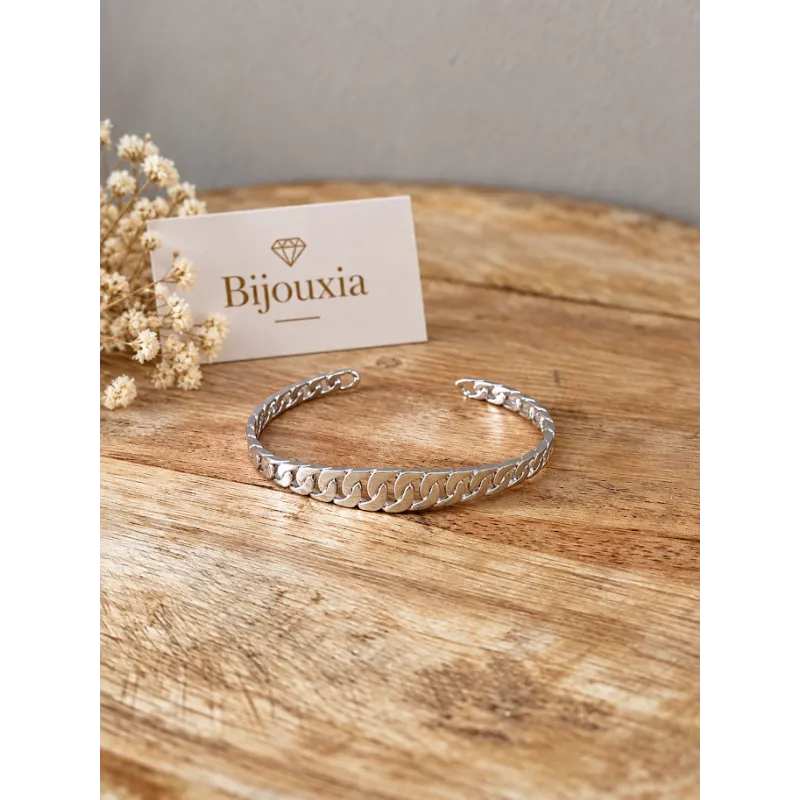 Bracelet Jonc Motif Chaîne Gourmette Alternée En Argent Massif 925/1000 Rhodié