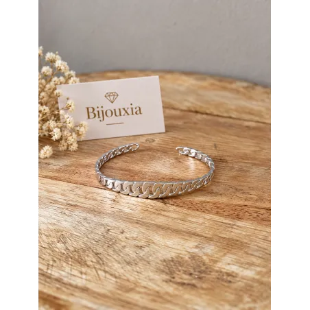 Bracelet Jonc Motif Chaîne Gourmette Alternée En Argent Massif 925/1000 Rhodié