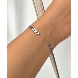 Bracelet Jonc Motif Chaîne Gourmette Alternée En Argent Massif 925/1000 Rhodié