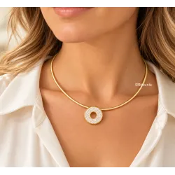 Collier maille Oméga + Pendentif Donuts Microserti Plaqué Or 18 carats 750/000