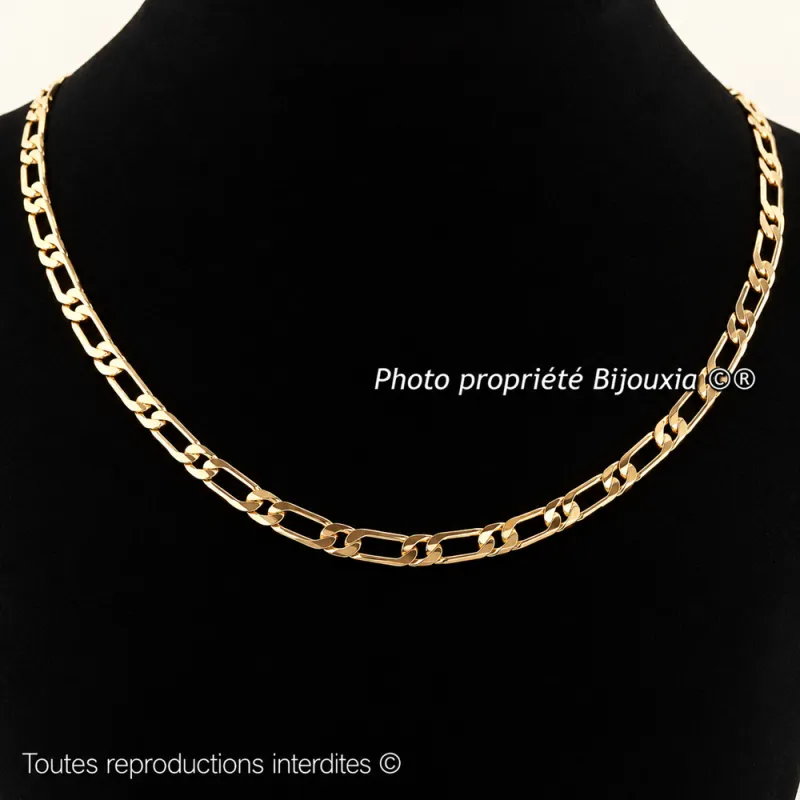 Chaîne 50 CM Maille Figaro Diamantée 1-1 Plaqué Or 18 carats