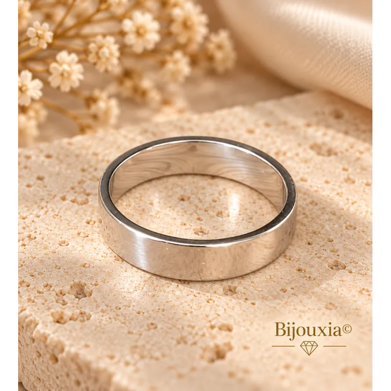 Alliance homme femme argent 925 rhodié – Anneau lisse 5 mm intérieur plat