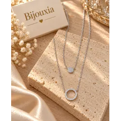 Collier Double Chaînes Pendentifs Zirconium Argent Massif 925/1000