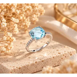 Bague Cristal Solitaire Pierre Bleu Topaze Argent Massif 925/1000