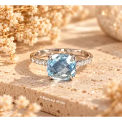 Bague Cristal Solitaire Pierre Bleu Topaze Argent Massif 925/1000