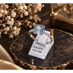 Bague Cristal Solitaire Pierre Bleu Topaze Argent Massif 925/1000