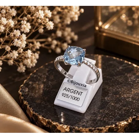Bague Cristal Solitaire Pierre Bleu Topaze Argent Massif 925/1000
