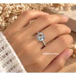 Bague Cristal Solitaire Pierre Bleu Topaze Argent Massif 925/1000