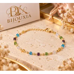 Bracelet Perles de Cristal Multicolore Et Boules Dorées En Plaqué Or 750/000