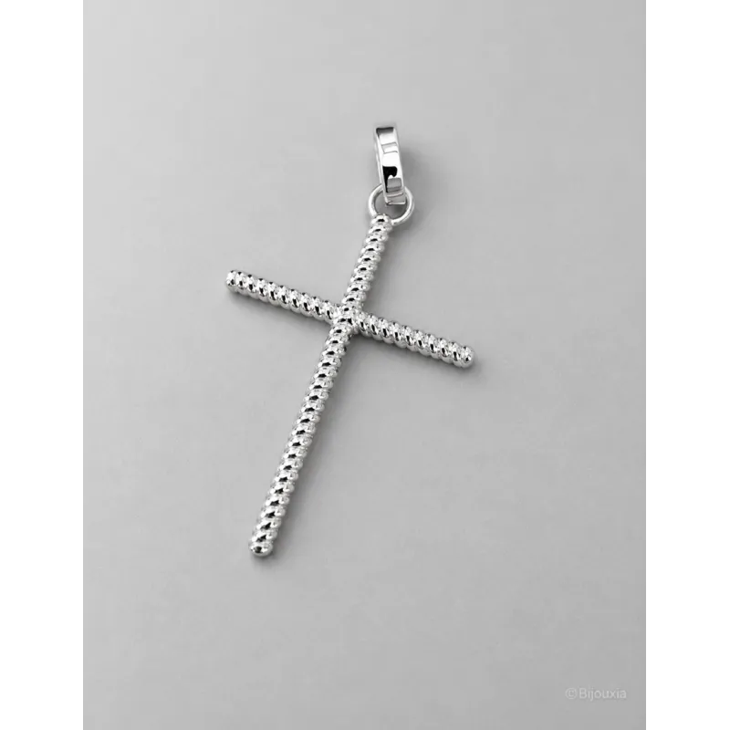 Pendentif En Forme De Grande Croix Fil Torsadé En Argent Massif 925/000 Rhodié