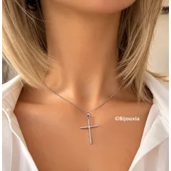 Pendentif En Forme De Grande Croix Fil Torsadé En Argent Massif 925/000 Rhodié