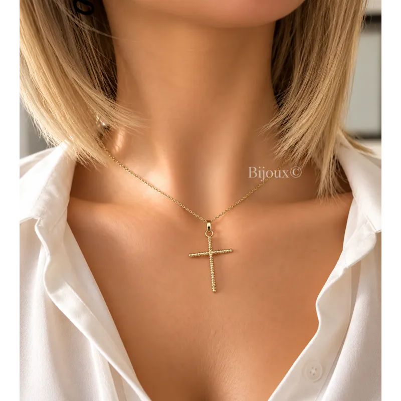 Collier Chaîne Et Pendentif Croix Fil Torsadé En Plaqué Or 18 Carats 750/000