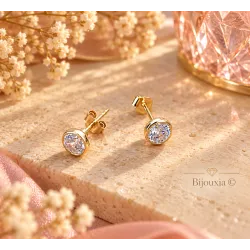 Boucles D'oreilles 5 MM Puces Zirconium Serti Clos Cristal Plaqué Or 18 Carats