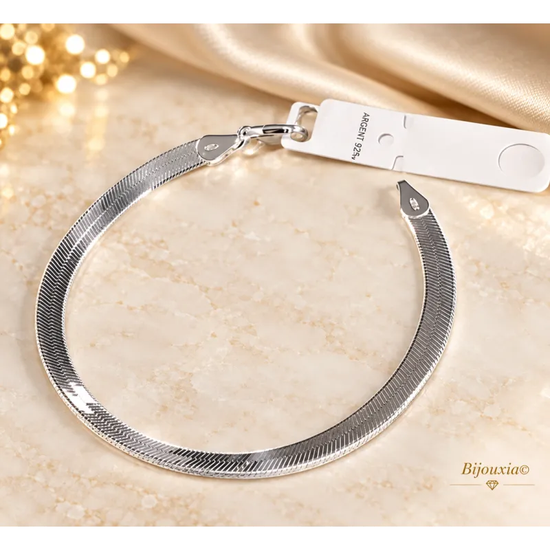 Bracelet Maille Plate Miroir En Argent Massif 925/000 Rhodié Bijoux Femme